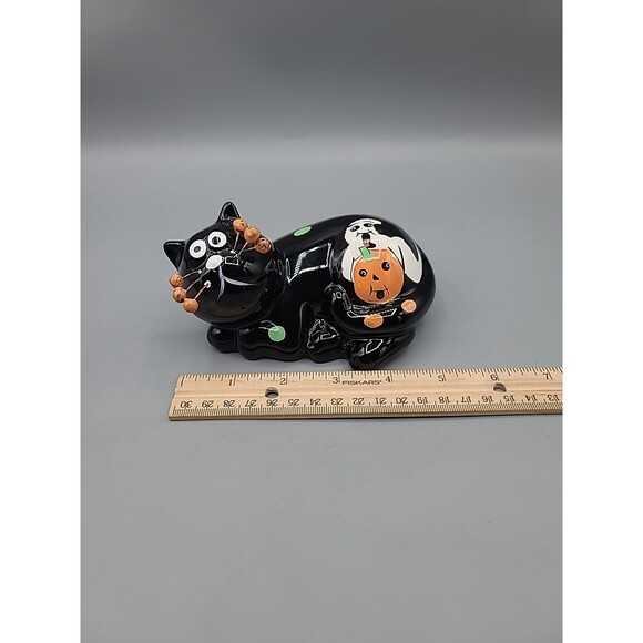 Whimsical Ceramic Cat Figurine Black with Polka Dots Halloween Pumpkin Figurine - Picture 10 of 10